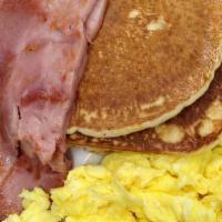 3 Pancakes Breakfast · 2 XL Eggs and choice of HAM , 4 BACON or 4 SAUSAGE