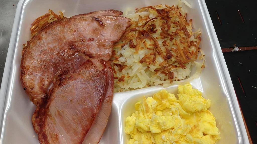 Grand Slam Breakfast · 2 XL EGGS,  HAM, SAUSAGE and BACON, 2pc of PANCAKE, HASH BROWNS or GRITS