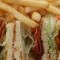 Bacon, Lettuce & Tomato Triple Decker Club · Served w/ Fries & Soup