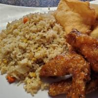 #4 · 5 wings, 2 cheese puffs (cream cheese wontons), 2 egg rolls w/ Fried rice