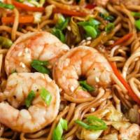 Shrimp Lo Mein · Egg Noodles, shredded carrot, baby bok  choy, bean sprout, yellow onions and green onion.