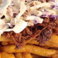 Pork Fries · French fries topped with fresh Tyner Pond Farm pulled pork and made-from-scratch coleslaw