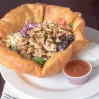 Chicken Taco Salad · Grilled chicken with shredded cheddar and mozzarella blend, black olives, diced tomato, red ...
