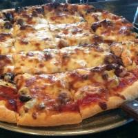 Evviva! Pizza · chicken, artichoke, black olives, and bacon on traditional crust.
Our specialty pizzas are u...