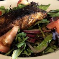 Blackened Salmon Salad · Salmon filet on mixed baby greens, tomato and onion tossed in vinaigrette.
*Note temporary p...