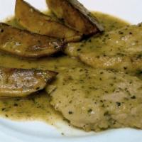 Chicken Vesuvio · Sautéed garlic, white wine sauce & spices. Served with potato wedges.