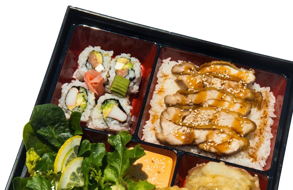 Chicken Bento · steamed rice topped with thinly sliced chicken and tender onion simmered in a sweet and savory dashi broth seasoned with soy sauce and mirin. Inclues 4pc california roll and side salad