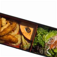 Seafood Bento · tempura shrimp, fish, calamari, and vegetables. vegetables include potato, sweet potato, oni...
