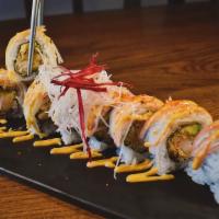 Shaggy Dog Roll · Shrimp tmepura and avocado topped with crab, spicy mayo, togarashi