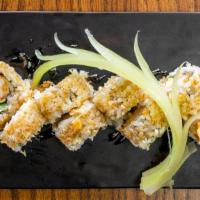 Crunchy Roll · Shrimp tempura, cream cheese, jalapeno, rolled in tempura flakes. Eel sauce