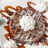 Chocolate Thunder · Our signature waffle loaded with chocolate chips and smothered in a chocolate syrup.