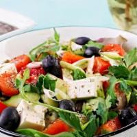 Salad (Small) · Mozzarella cheese, romaine lettuce, tomato, cucumber, and black olives salad ,cheese