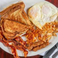 Win Win Sampler · Two eggs, two pork sausage, two bacon strips, two pancakes, hash browns