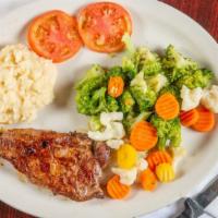 Ny Steak · Served with mashed potatoes, veggies cherry tomatoes