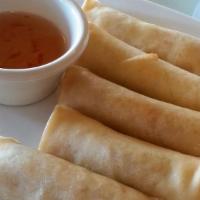 Spring Roll (5) · 5 fried rolls with ground chicken, cabbage, glass noodles and carrot served with sweet chili...