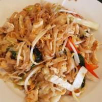Pad Kee Mao
 · Rice noodles stir-fried with Thai basil sauce, egg, red bell peppers, cabbage and bean sprou...