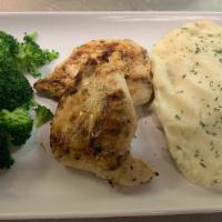 Grilled Chicken Dinner · Broiled chicken served with vegetables and potato.