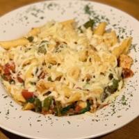 Asparagus And Chicken · Rigatoni penne, garlic butter, olive oil, asparagus, spinach, tomato, chicken, Romano and mo...