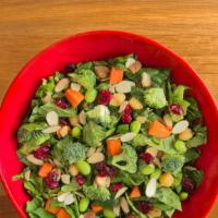 Regular Health Nut · Broccoli, edamame, carrots, almonds, cranberries & chickpeas with spinach & romaine. Cranber...