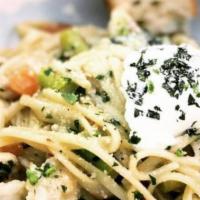 Linguine Padovani · Linguine, grilled chicken, asparagus, cherry tomatoes, fresh ricotta, white wine garlic oliv...