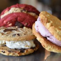 Handmade Cookie Sandwiches · Two fresh-baked cookies with ice cream in between
