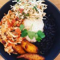 Casados · White rice, black beans, tomato pepper sauce, sweet plantains, cabbage slaw and pico. (Carni...