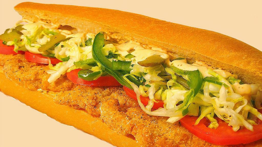 Fish Sandwich (Whole) · Served on footlong Italian Bread with fresh crispy cat Fish fillet made with, tomato, pickle, mayo, & American cheese.