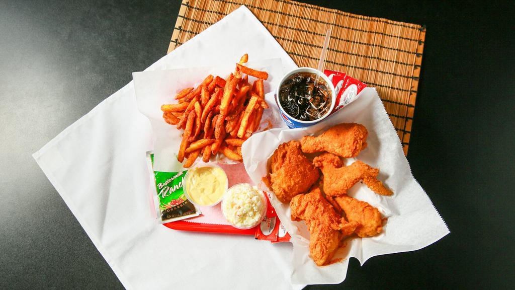 6 Pcs Whole Wings  · Our Fresh Fried Chicken Made to order, Seasoned, Crunchy, Juicy, Crispy, And Tasty! 
Add Potato Wedges, Fries, Coleslaw, or Soda for an Addition charge.