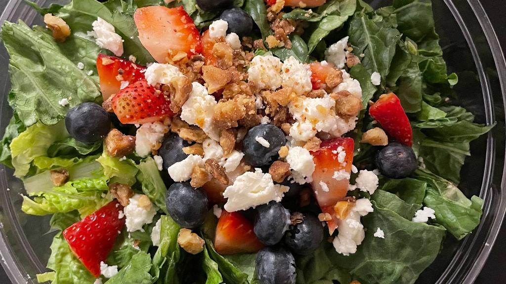 Berry Salad · Blueberries, strawberries, spinach, feta, bacon, and glazed walnuts

Suggest balsamic vinegar dressing.