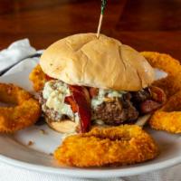 Buckeye Burger · Smothered with mushrooms, three slices of bacon and crumbled bleu cheese.