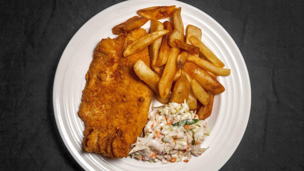 Fish And Chips Basket · Eight ounce icelandic beer battered cod with steak fries and coleslaw with side of tartar sauce.