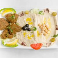 Petra Maza Platter · Hummus, baba ghanouj, four pieces of falafel and pita bread. Not rice.