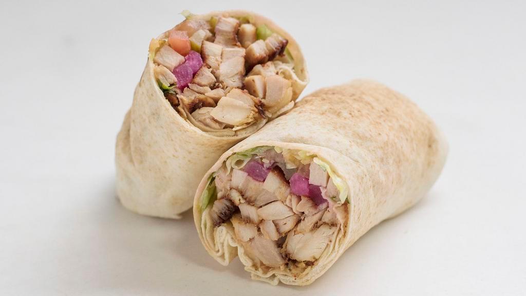Chicken Shawarma Sandwich (Sandwich Only) · Marinated white chicken strips with lettuce, tomatoes, onions, and pickles with garlic sauce, wrapped in a hot pita bread.