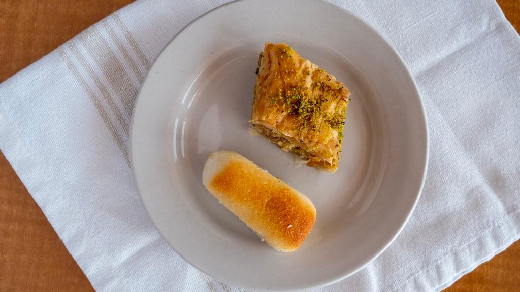 Baklava · Layers of filo dough stuffed with walnuts and rosewater syrup.