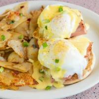 Toasted Egg Benedict · English muffin topped with boneless ham, 2 poached eggs with hollandaise sauce. Eggs are fri...