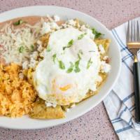 Chilaquiles · Served with rice, beans and 2 eggs any style