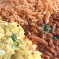 Huevos A La Mexicana · Jalapenos, tomato, onion, rice, beans and tortillas