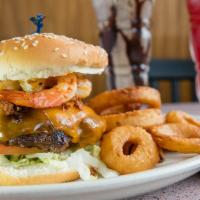 Surf And Turf Burger · Lettuce, tomato, shrimp, chorizo Chipotle mayo and cheddar. Served with choice of side.