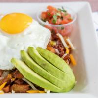 Chorizo Skillet · Pico de gallo, green and red  peppers, onions, jack cheese,  avocado and 2 eggs any style