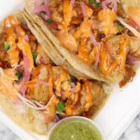 2 - Shrimp Taco · Beer battered shrimp fried and topped with  pico de gallo, chipotle creamy sauce, cabbage an...
