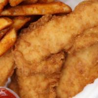 Chicken Strips · Fried juicy chicken strips served with seasoned fries.