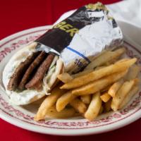 Beef Gyro Sandwich With Fries · 3 slices of house made Beef wrapped in pita bread with fresh tomatoes, lettuce, onions, and ...