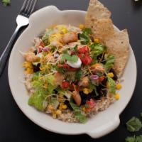 Southwest Chicken Salad · Brine chicken breast, romaine lettuce, black beans, corn, grape tomatoes, tortilla chips and...
