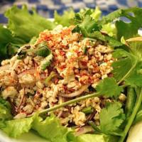 Chicken Salad · Larb. Minced chicken mixed with sliced red onions, green onions, ground hot pepper, ground r...