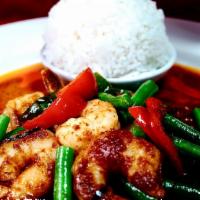 Shrimp Prik Khing · Stir fried shrimp, green beans, lime leaves, and Thai red curry. Served with jasmine rice. S...