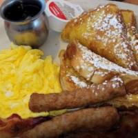 French Toast Platter · Two slices of French toast served with two strips of bacon, two sausage links and two eggs, ...