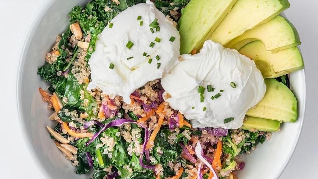 Warm Greens Grain Bowl * · (GF) A hearty mix of spinach, kale, carrots, and purple cabbage sautéed with quinoa and lemon-vinaigrette dressing. Topped with two eggs, avocado, and roasted slivered almonds.