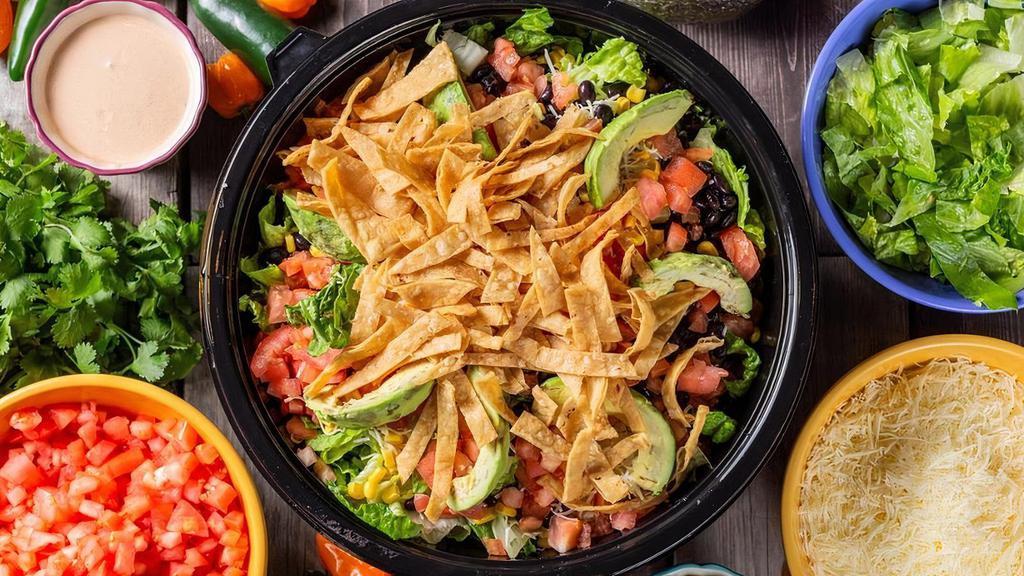 Southwest Chopped Salad · Grilled chicken breast, avocado, romaine, bacon, Chihuahua. cheese, corn, black beans, and diced tomatoes, topped with crispy tortilla strips,. and a side of spicy ranch.