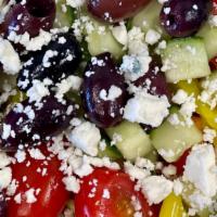 Greek Salad · Romaine lettuce, mixed peppers, red onions, tomatoes, pepperoncini, Greek olives, feta chees...