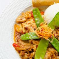 Peanut Curry · Red curry with peanut sauce, coconut milk, bell peppers, pineapple and string beans.